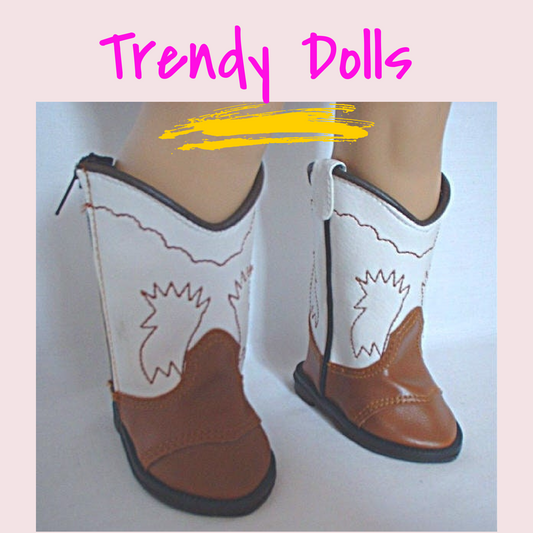 18 in doll white and brown cowboy boots | 18 in doll cowgirl boots | Trendy Dolls